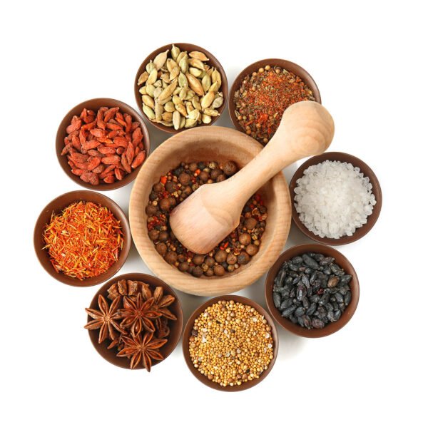 composition_different_spices_mortar_on_white